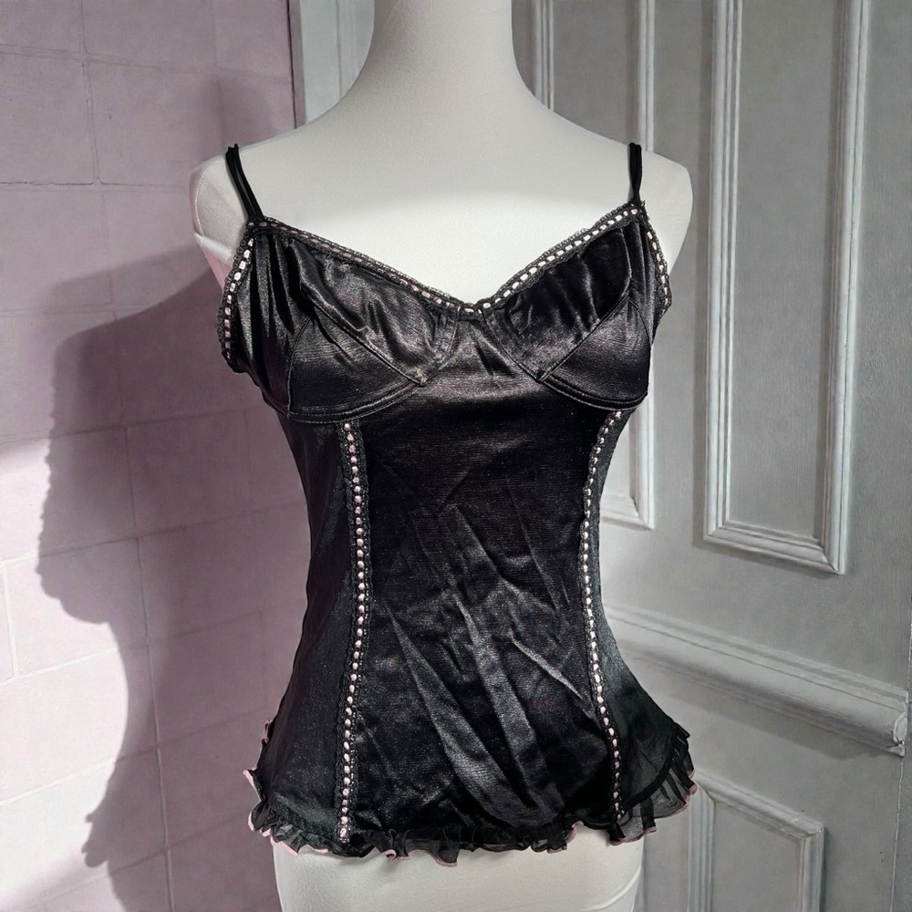 Black Satin Corset-Style Cami w Pink Beaded Trim | Y2K Lingerie Top Coquette S